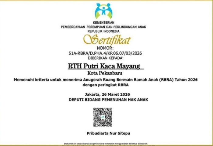 RTH Putri Kaca Mayang Raih Predikat RBRA, Modal Pekanbaru Jadi Kota Layak Anak