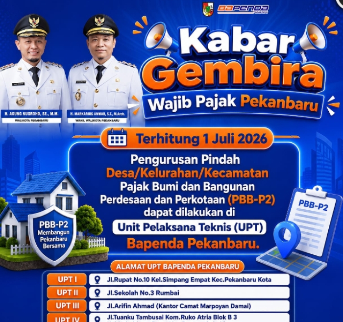 Jadi Lebih Mudah, Urus Pindah Kelurahan/Kecamatan PBB-P2 Kini Bisa Dilakukan di UPT Bapenda Pekanbaru
