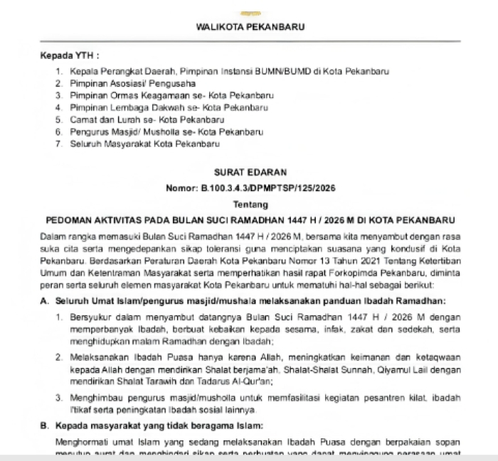 Pemko Pekanbaru Terbitkan SE Pedoman Aktivitas Masyarakat Selama Ramadan, Simak Isi dan Kontak Aduannya