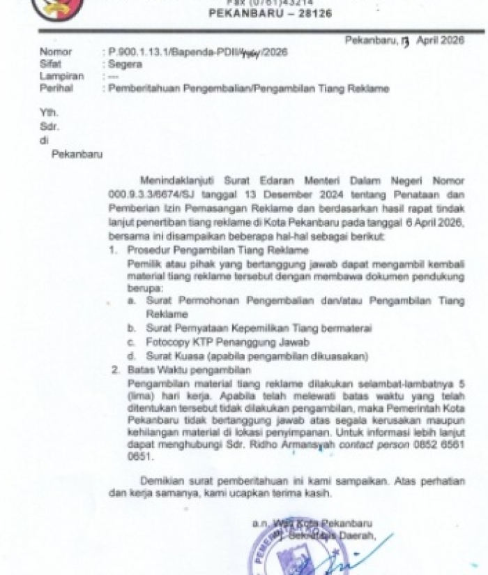 Terbitkan Surat Pemberitahuan Pengambilan Tiang Reklame, Pemko Minta Pemilik Lengkapi Dokumen Kepemilikan