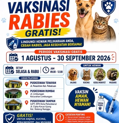 Distankan Pekanbaru Buka Layanan Vaksinasi Rabies Gratis Mulai Agustus 2026
